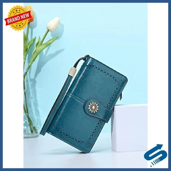 Large Capacity Genuine Leather RFID Blocking Wristlet Wallet Clutch - Picture 3 of 8